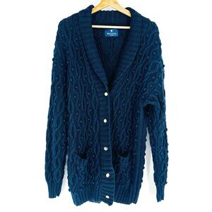 Vintage Regatta Sport Navy Blue Heavy Ramie Button Front Cable Knit Sweater L